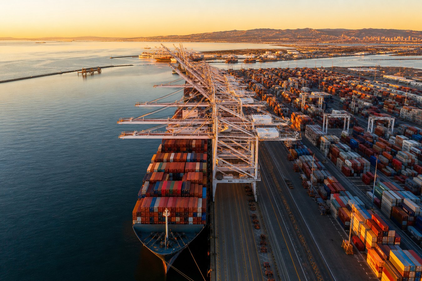 Container ship at a U.S. port at golden hour